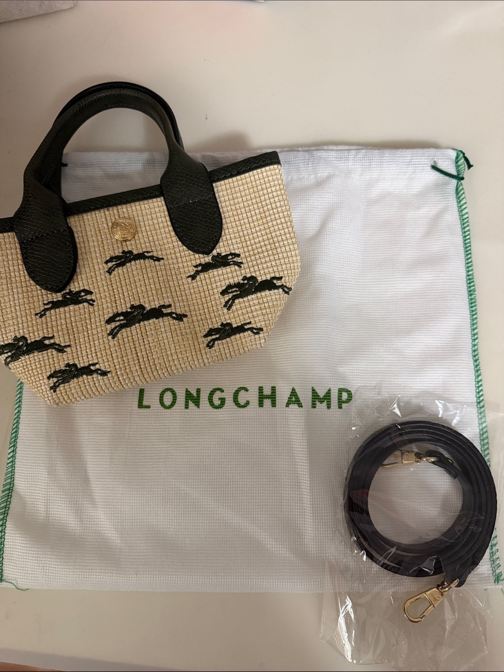 Longchamp Le Panier Green Trim Woven Mini Tote Leaping Horse Motif basket bag